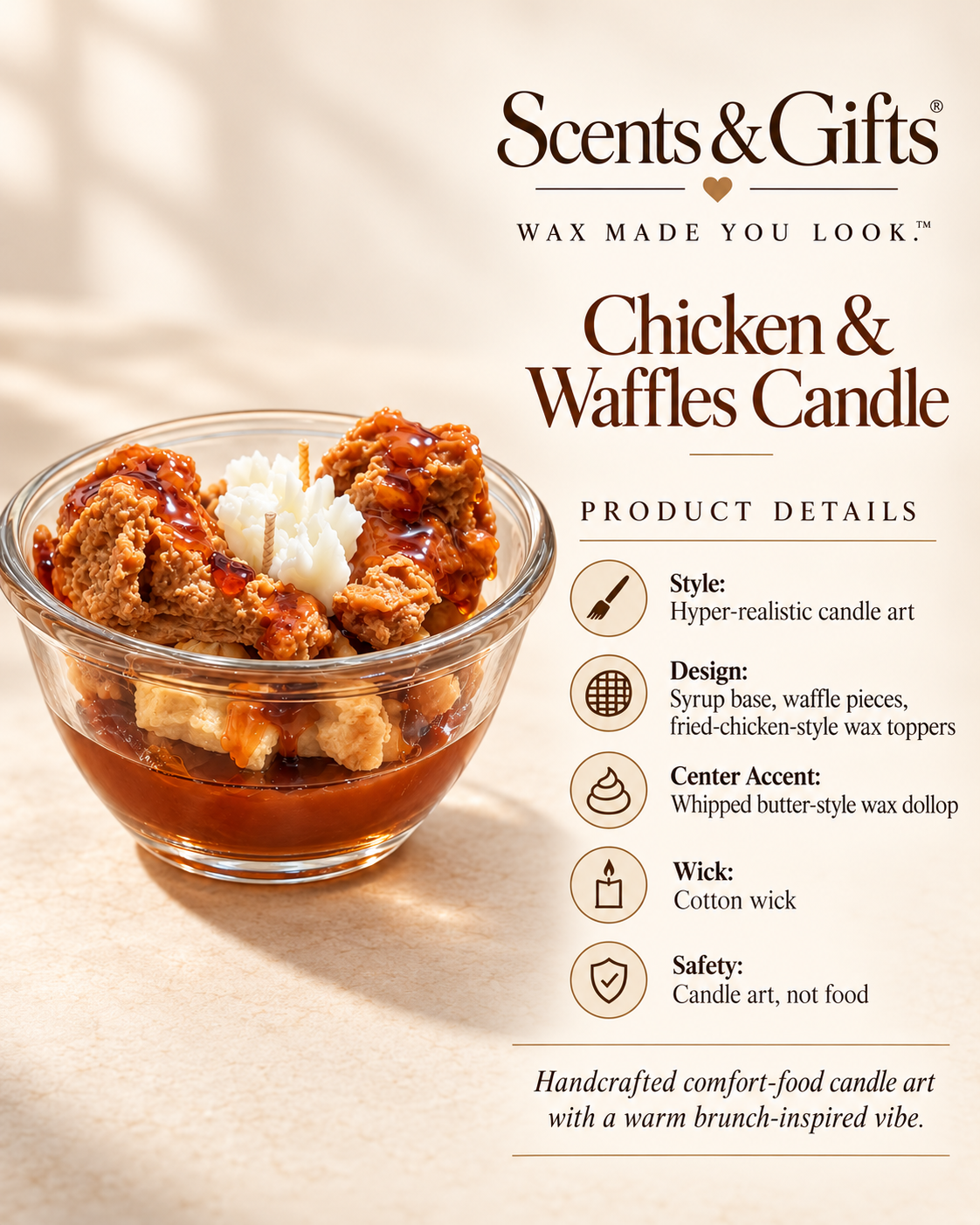 Scents & Gifts Chicken & Waffles candle product details graphic