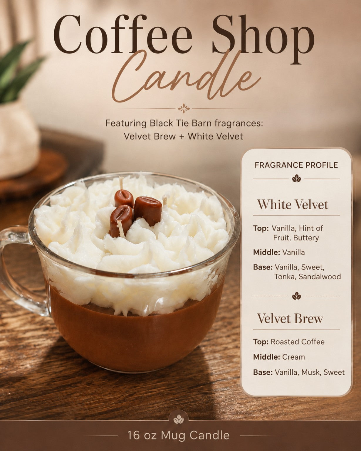 Coffee Shop 16 oz mug candle with White Velvet and Velvet Brew fragrance profile
