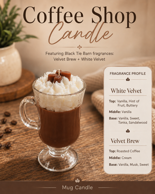 Coffee Shop Irish mug candle with White Velvet and Velvet Brew fragrance profile