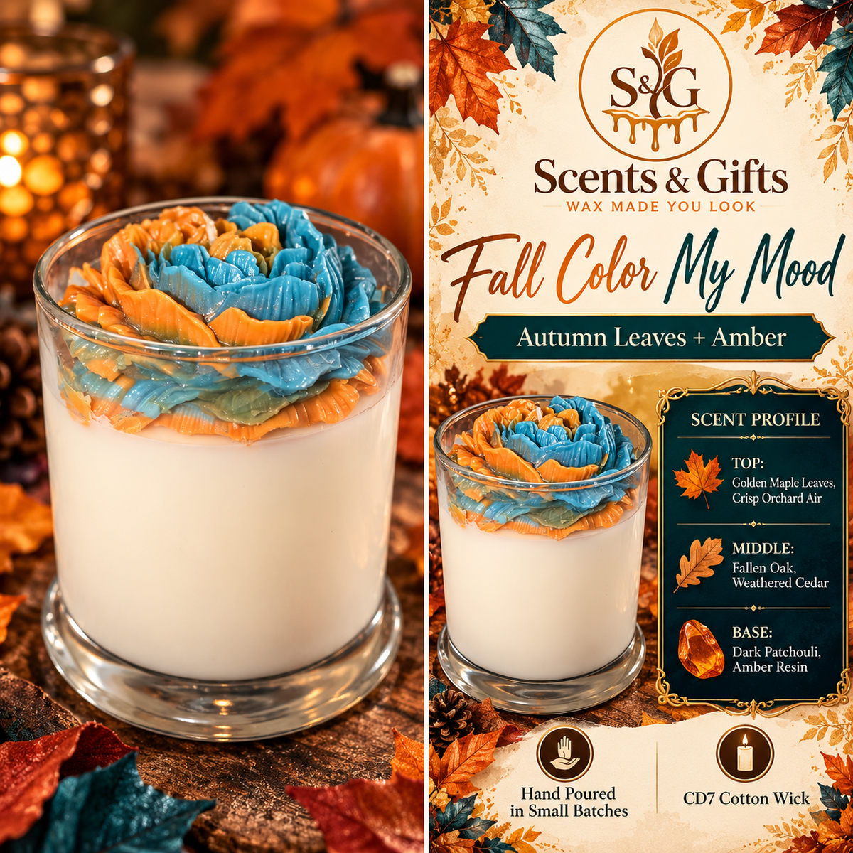 Scents & Gifts Fall Color My Mood Autumn Leaves + Amber branded scent profile with orange and teal flower candle
