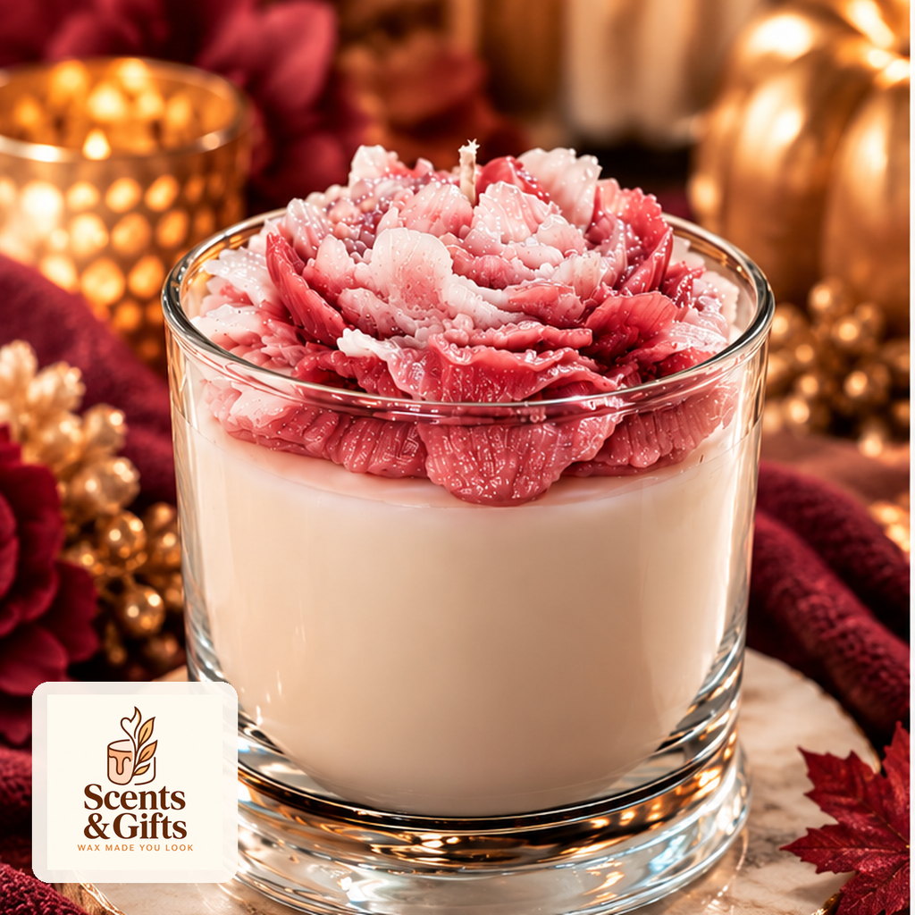 Fall Is My Mood Flowers Baccarat Rouge candle with blush flower topper in a warm fall setting