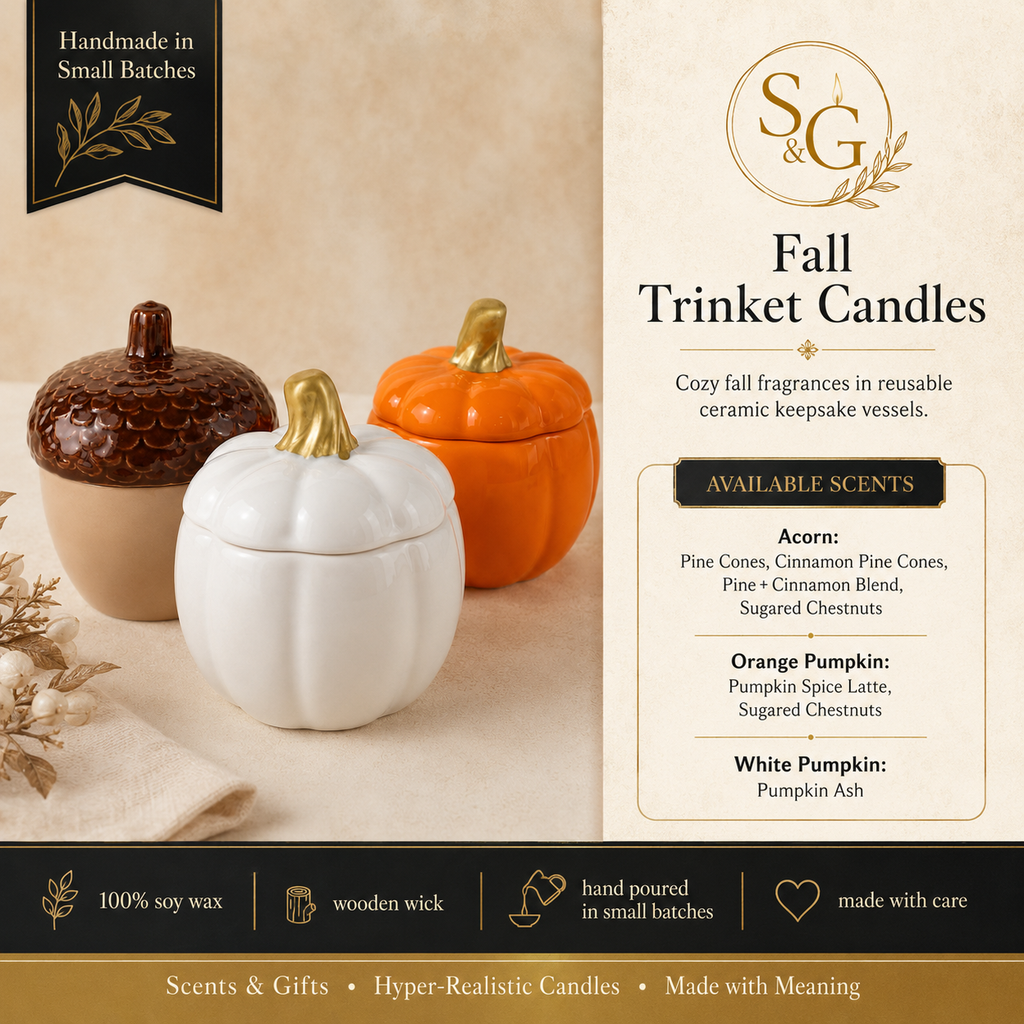 Scents & Gifts Fall Trinket Candles scent guide with acorn, orange pumpkin, and white pumpkin options