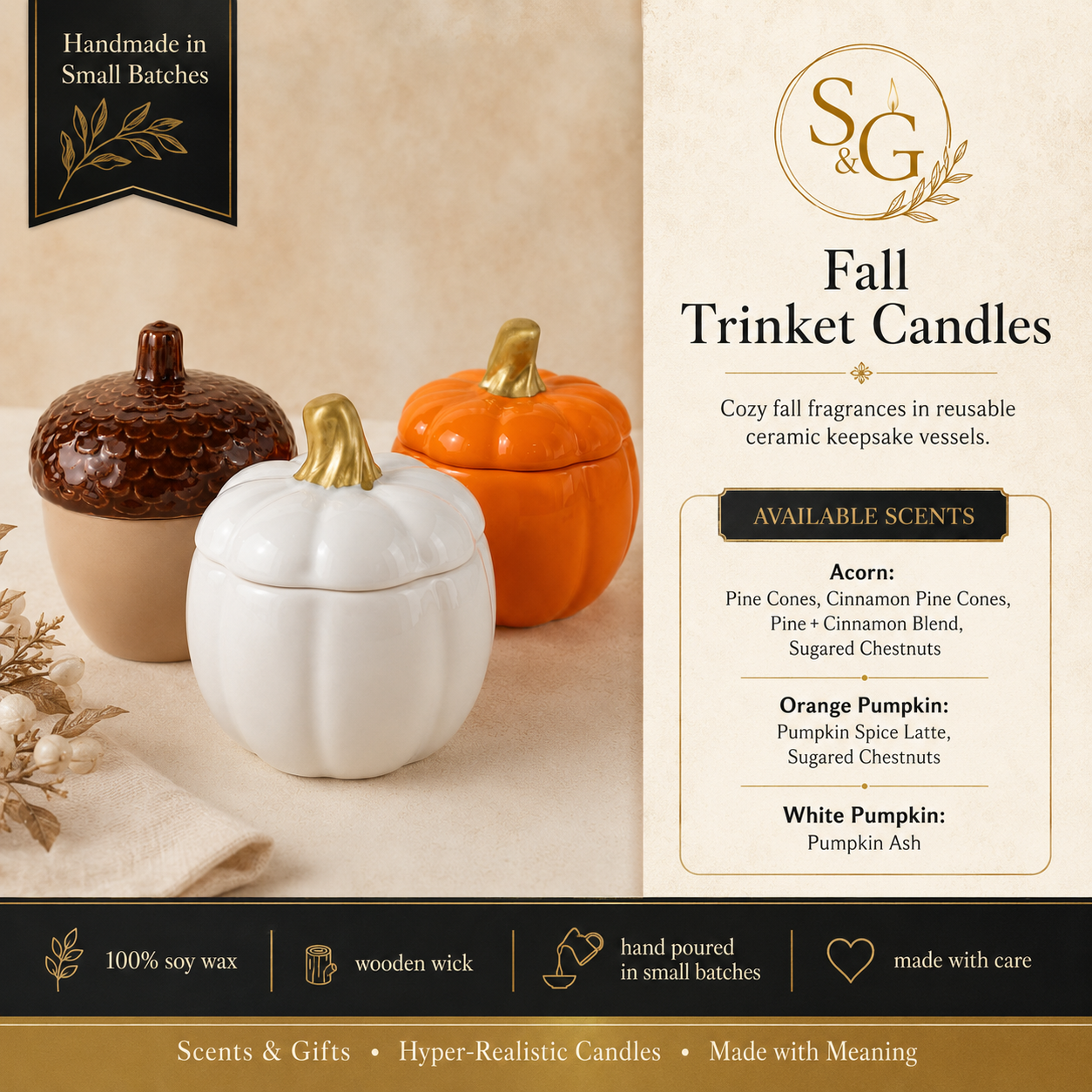 Scents & Gifts Fall Trinket Candles scent guide with acorn, orange pumpkin, and white pumpkin options