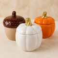 Scents & Gifts fall trinket candles in acorn, white pumpkin, and orange pumpkin ceramic vessels