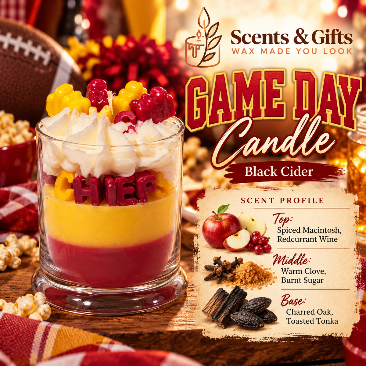 Scents & Gifts Game Day candle with Black Cider scent profile