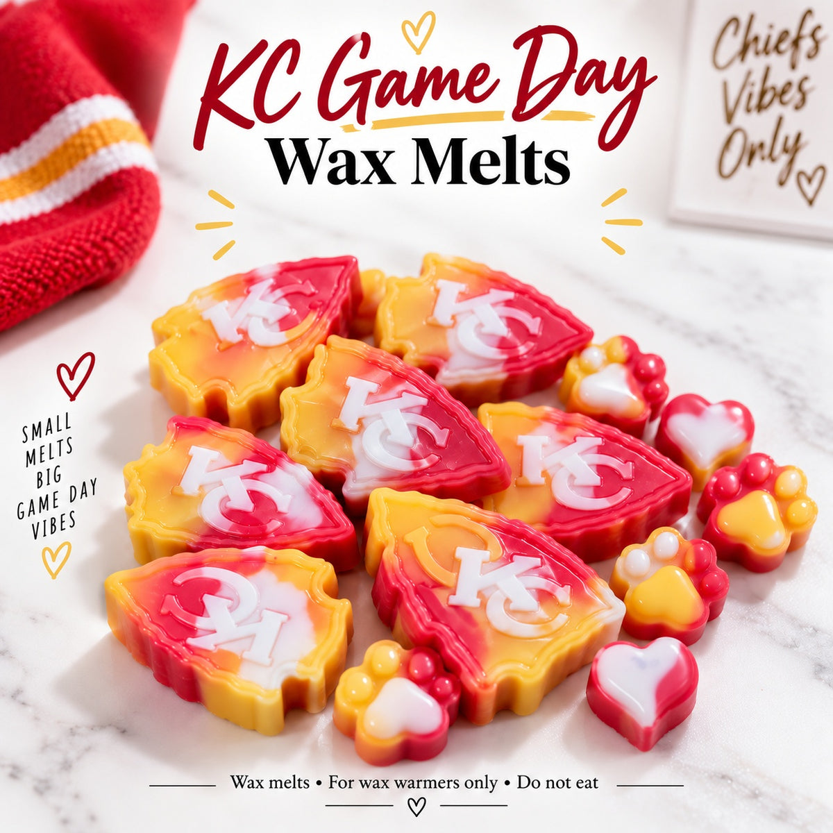 KC Game Day red, gold, and white wax melts by Scents & Gifts