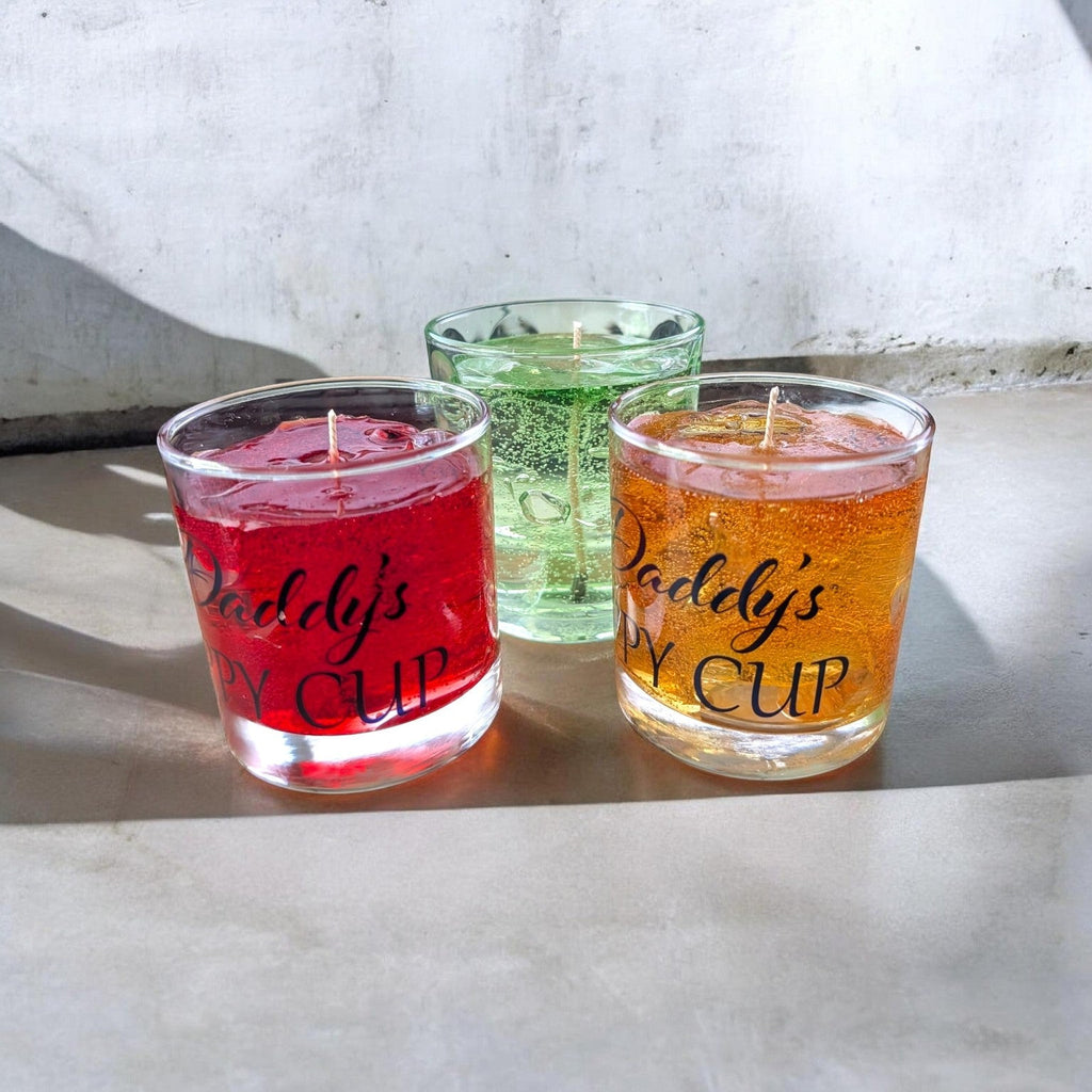 Daddy's Sippy Cup decorative gel candles in red, green and amber by Scents & Gifts
