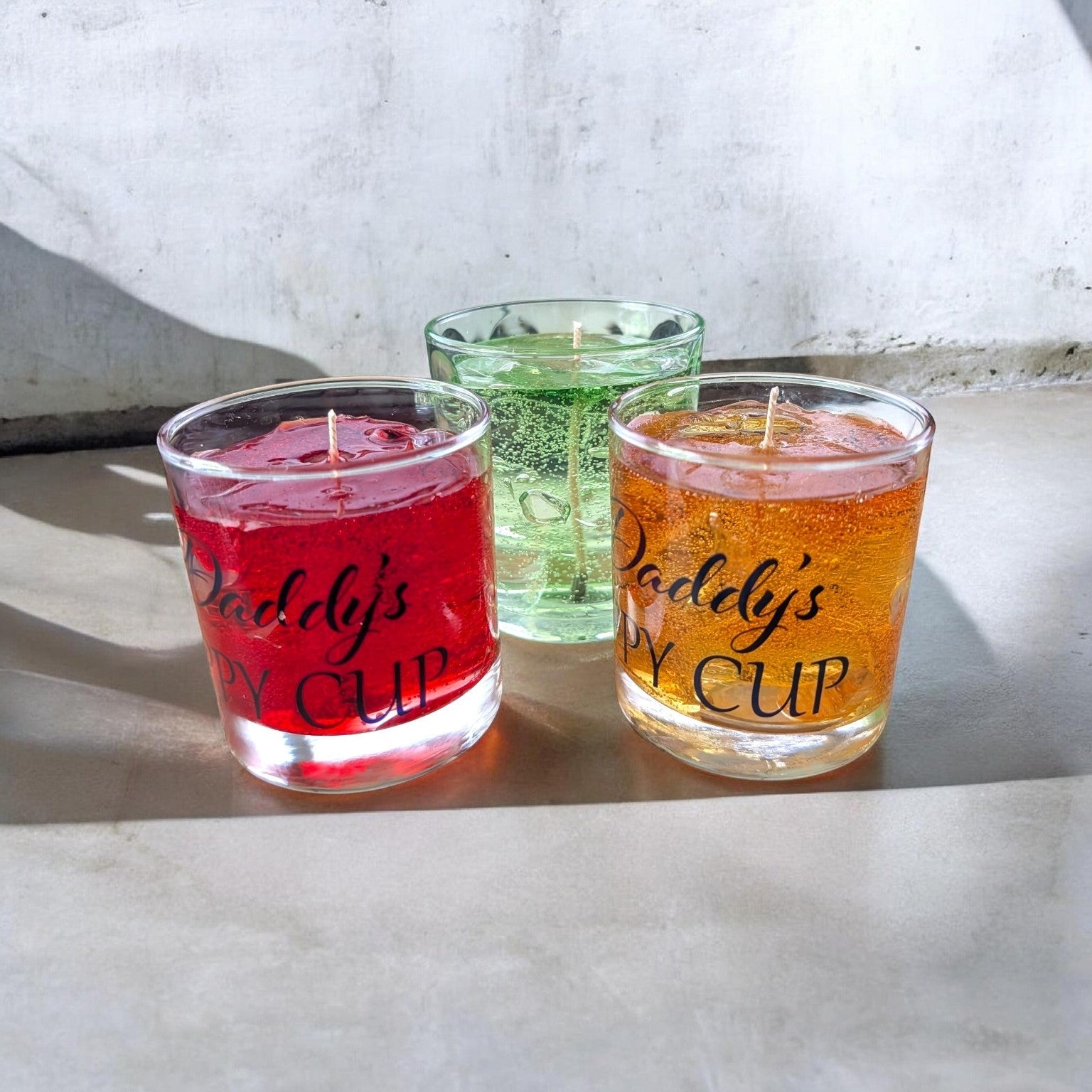 Daddy's Sippy Cup decorative gel candles in red, green and amber by Scents & Gifts
