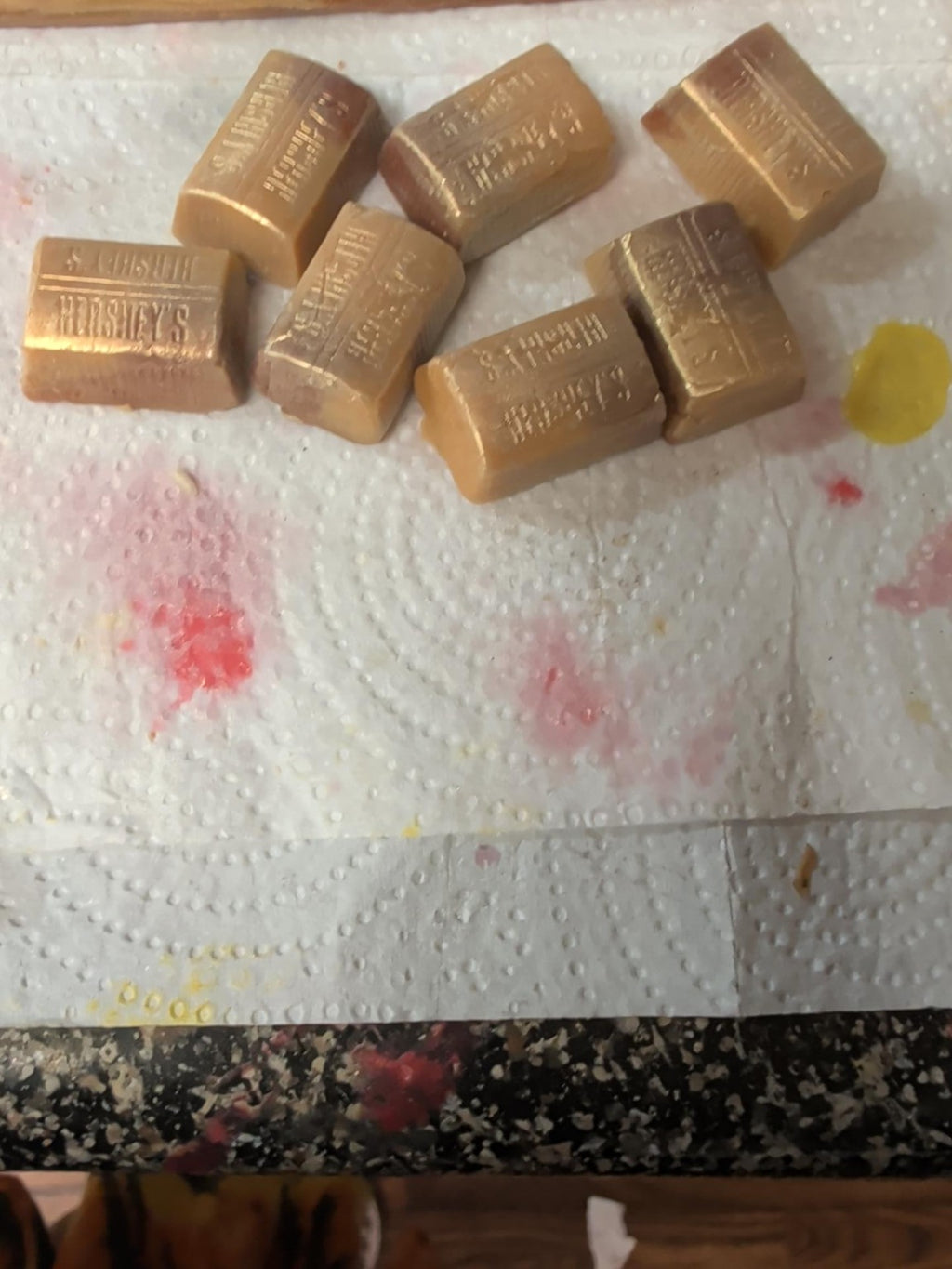 Marbled brown and ivory chocolate bar wax melt dusted with champagne mica