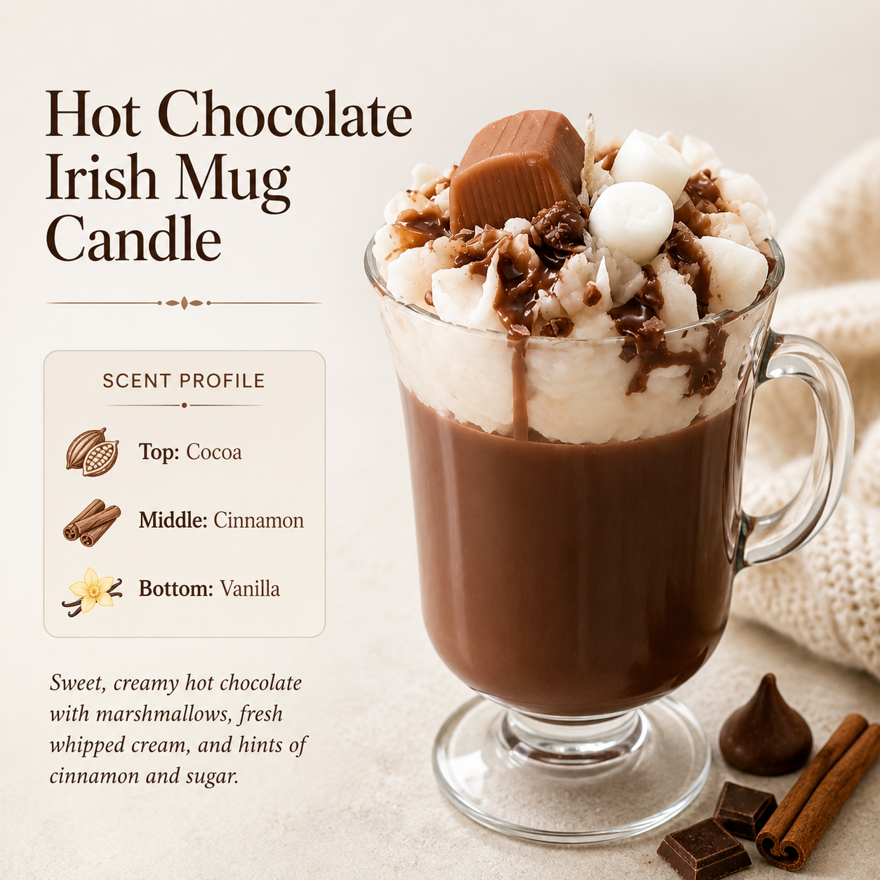 Hot Chocolate Irish Mug Candle with scent profile: cocoa, cinnamon, and vanilla