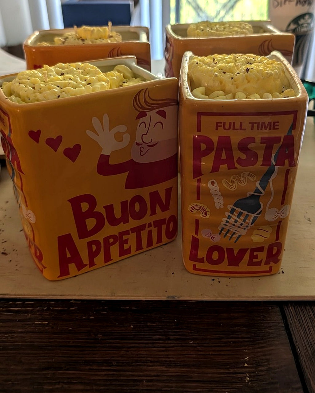 Four I Love Pasta candles showing Buon Appetito and Full Time Pasta Lover ceramic vessel designs