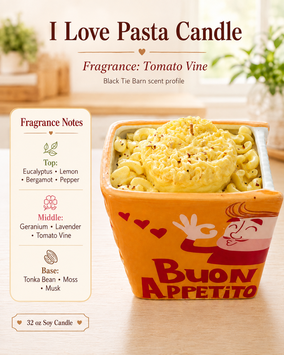 I Love Pasta Candle with Black Tie Barn Tomato Vine scent profile and fragrance notes