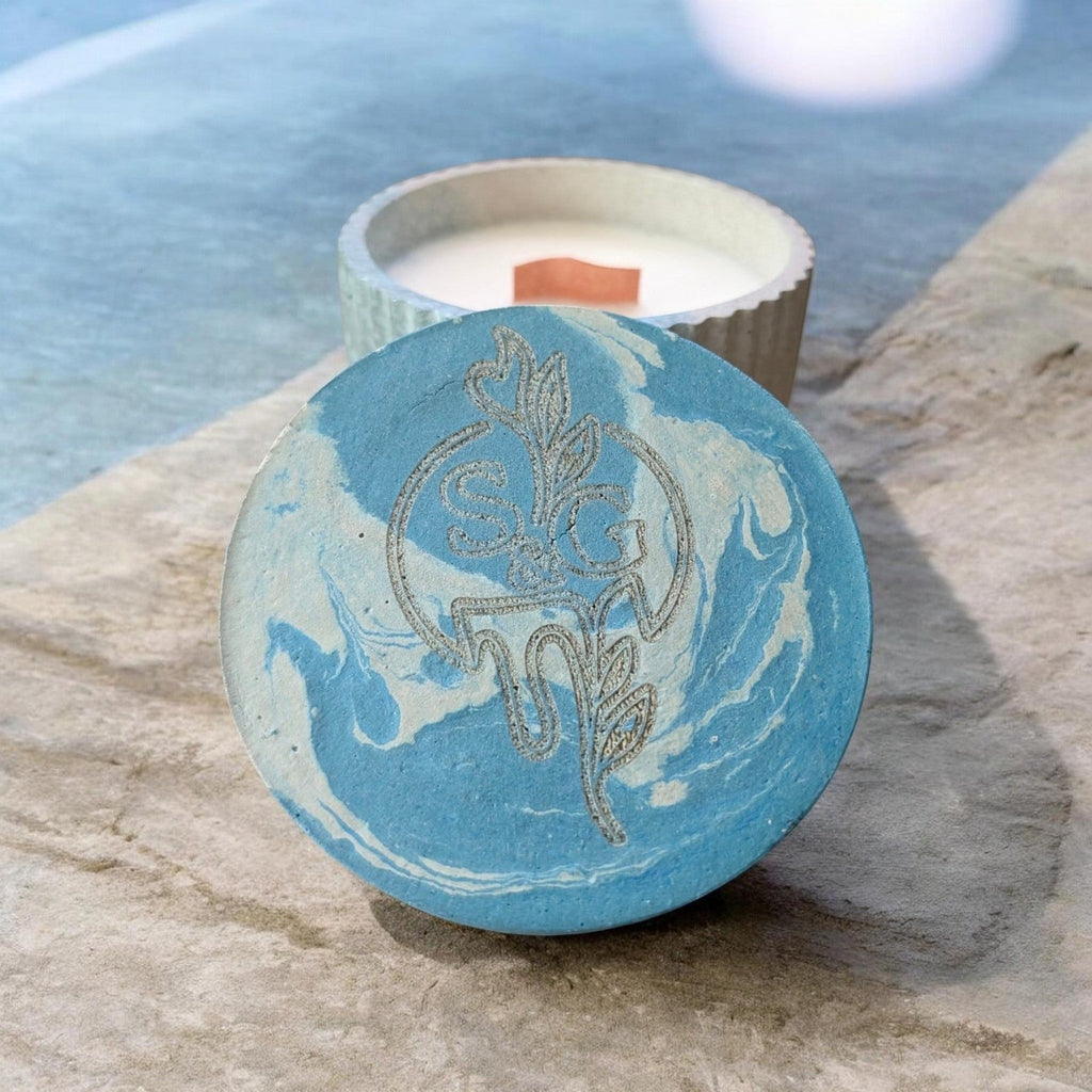Industrial Serenity refillable cement candle with blue marbled lid