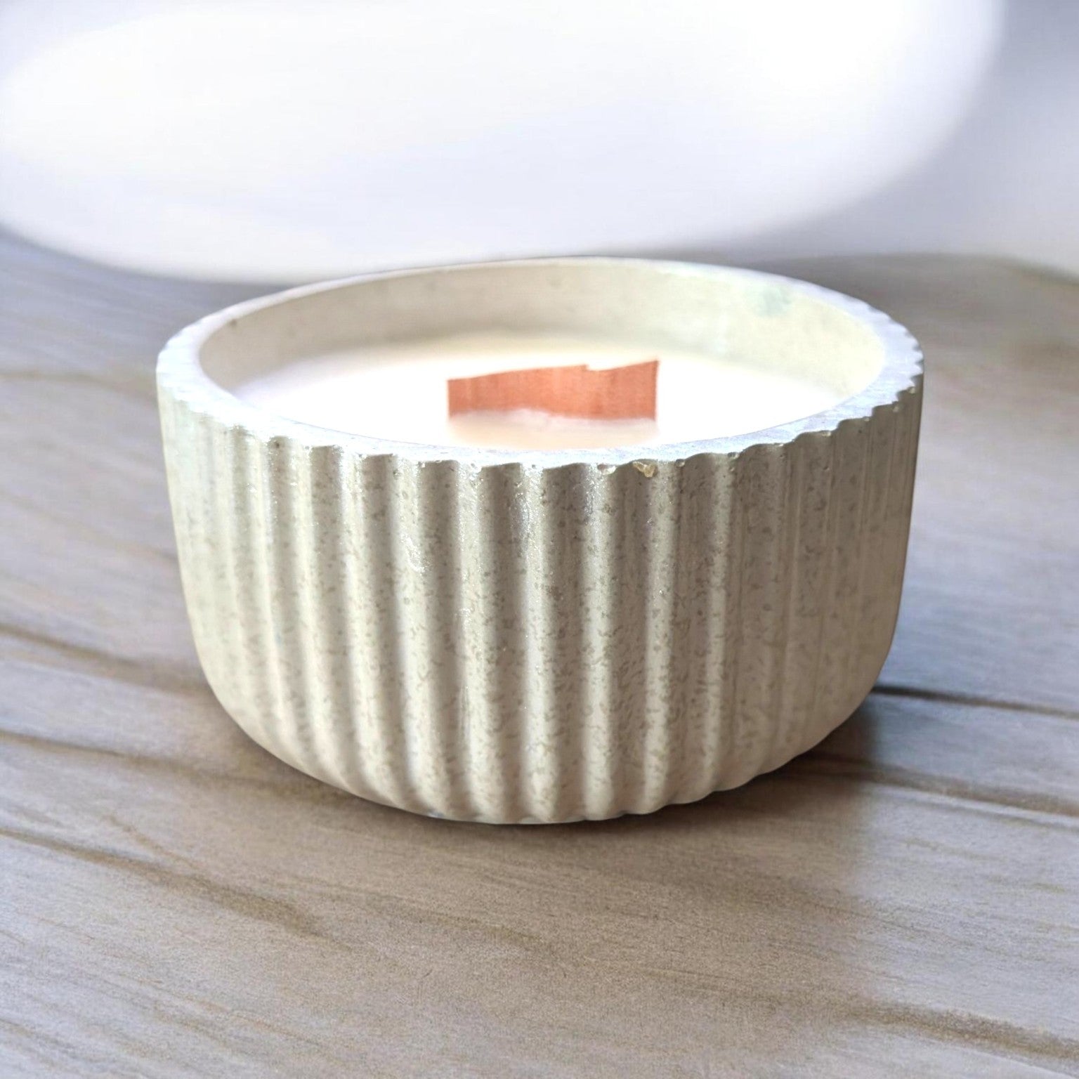 Refillable Industrial Serenity ribbed cement vessel with soy wax and wooden wick