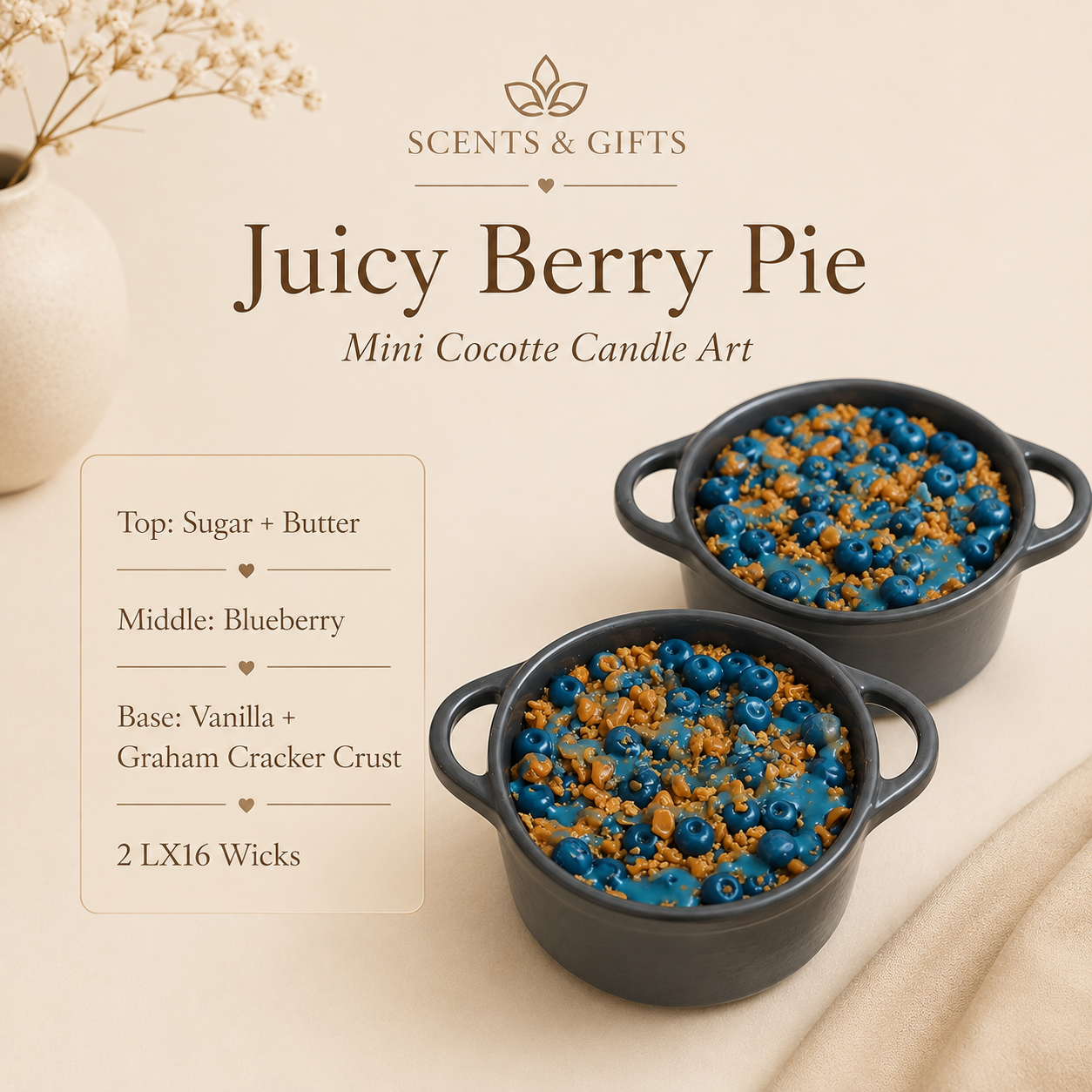 Scents & Gifts Juicy Berry Pie Blueberry Crumble cocotte candle scent and wick details