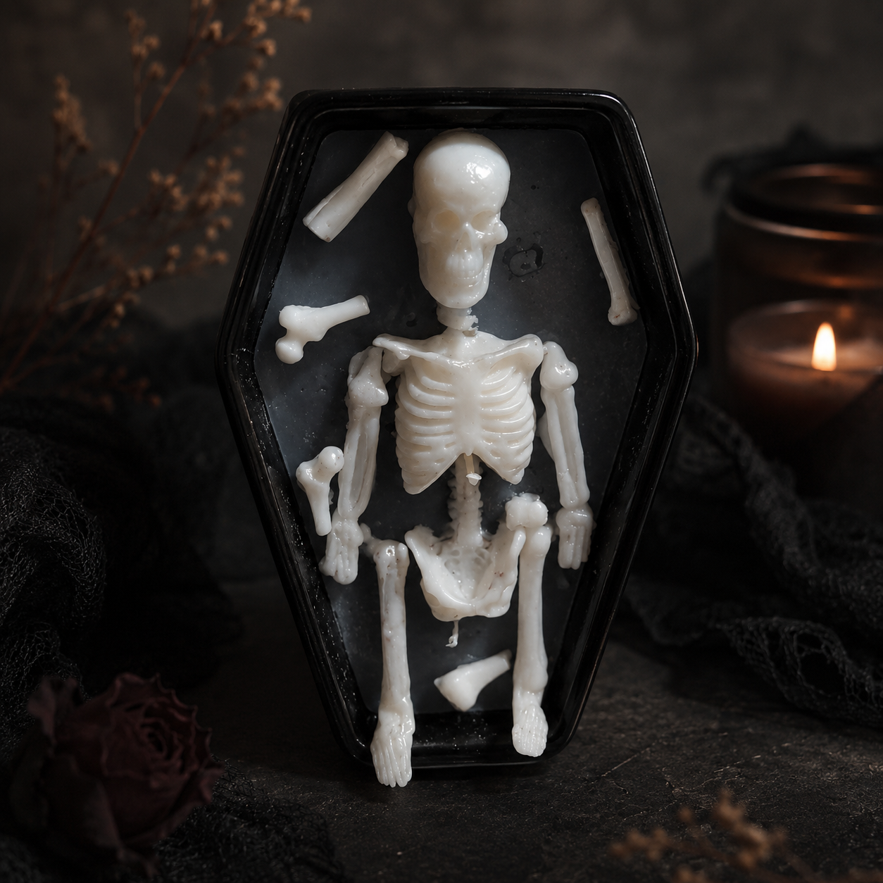 Scents & Gifts Love After Death coffin skeleton candle art on dark styled background
