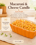 Mac and Cheese hyper-realistic candle in orange ceramic bakery dish with scent profile