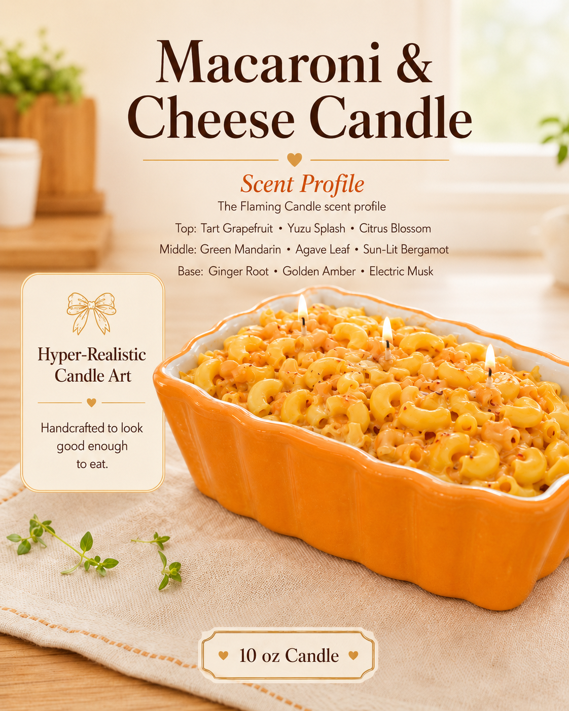 Mac and Cheese hyper-realistic candle in orange ceramic bakery dish with scent profile