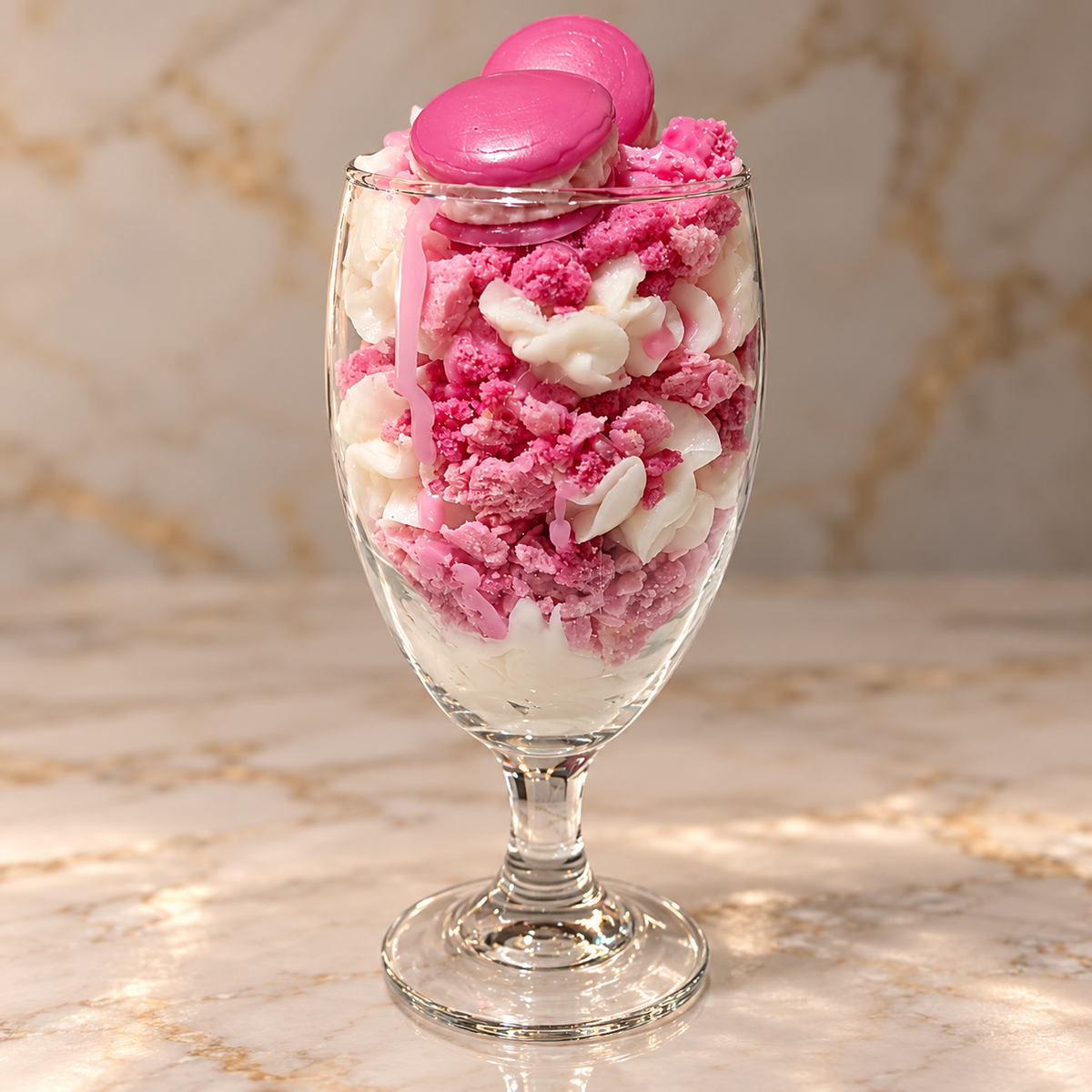 Obsidian Sugar hyper-realistic goblet candle with pink and white crumble and macaron toppers