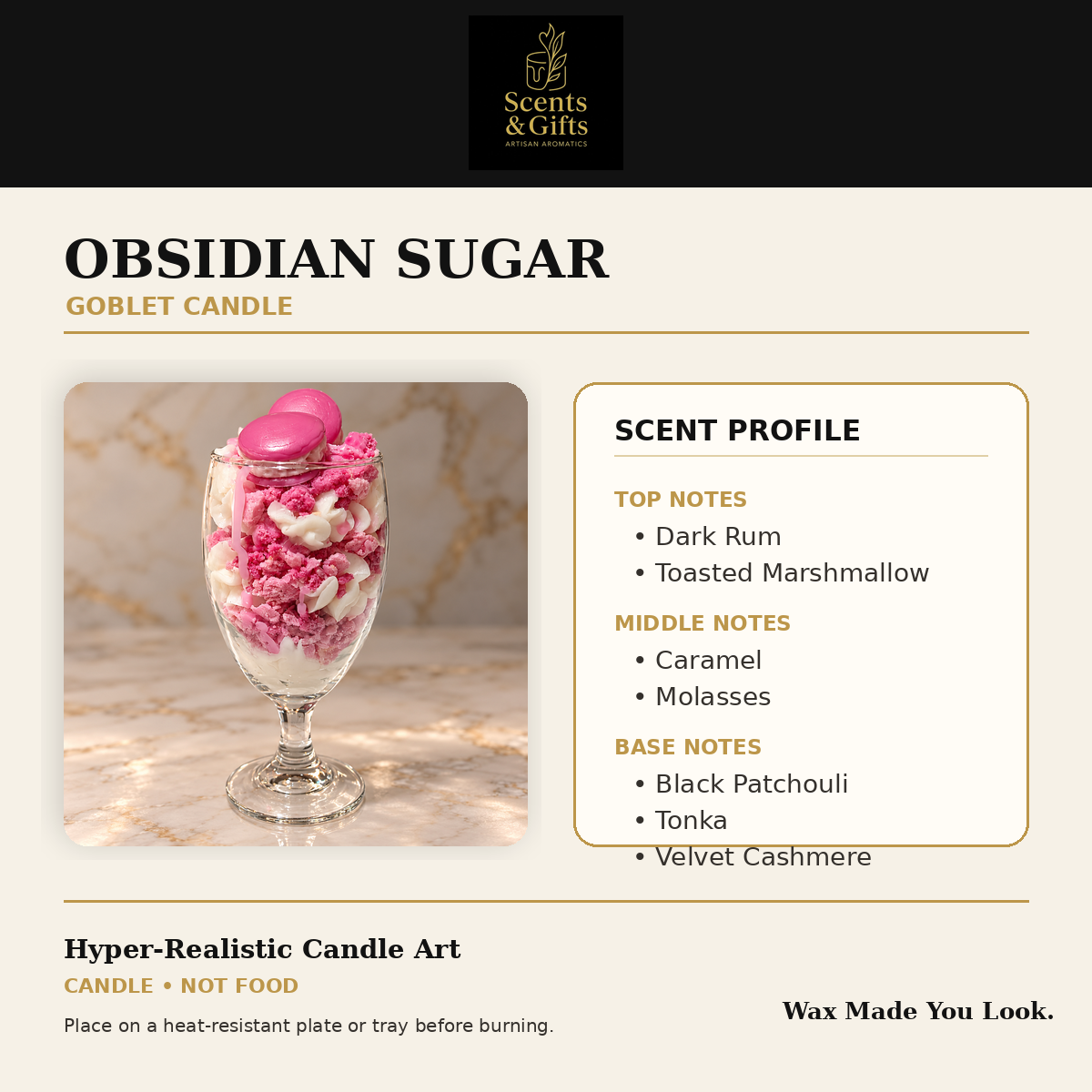 Scents & Gifts Obsidian Sugar Goblet Candle scent profile with official Scents & Gifts logo