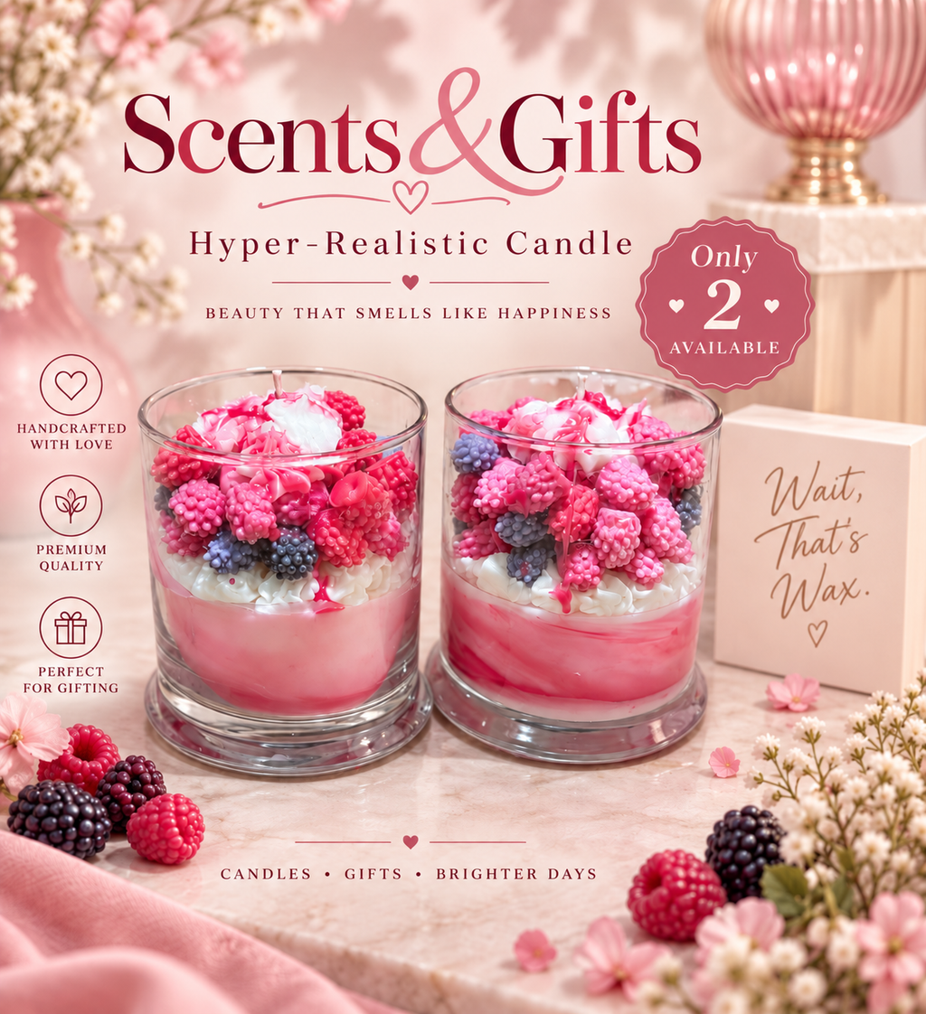 Scents & Gifts hyper-realistic raspberry vanilla berry parfait candle promotional image
