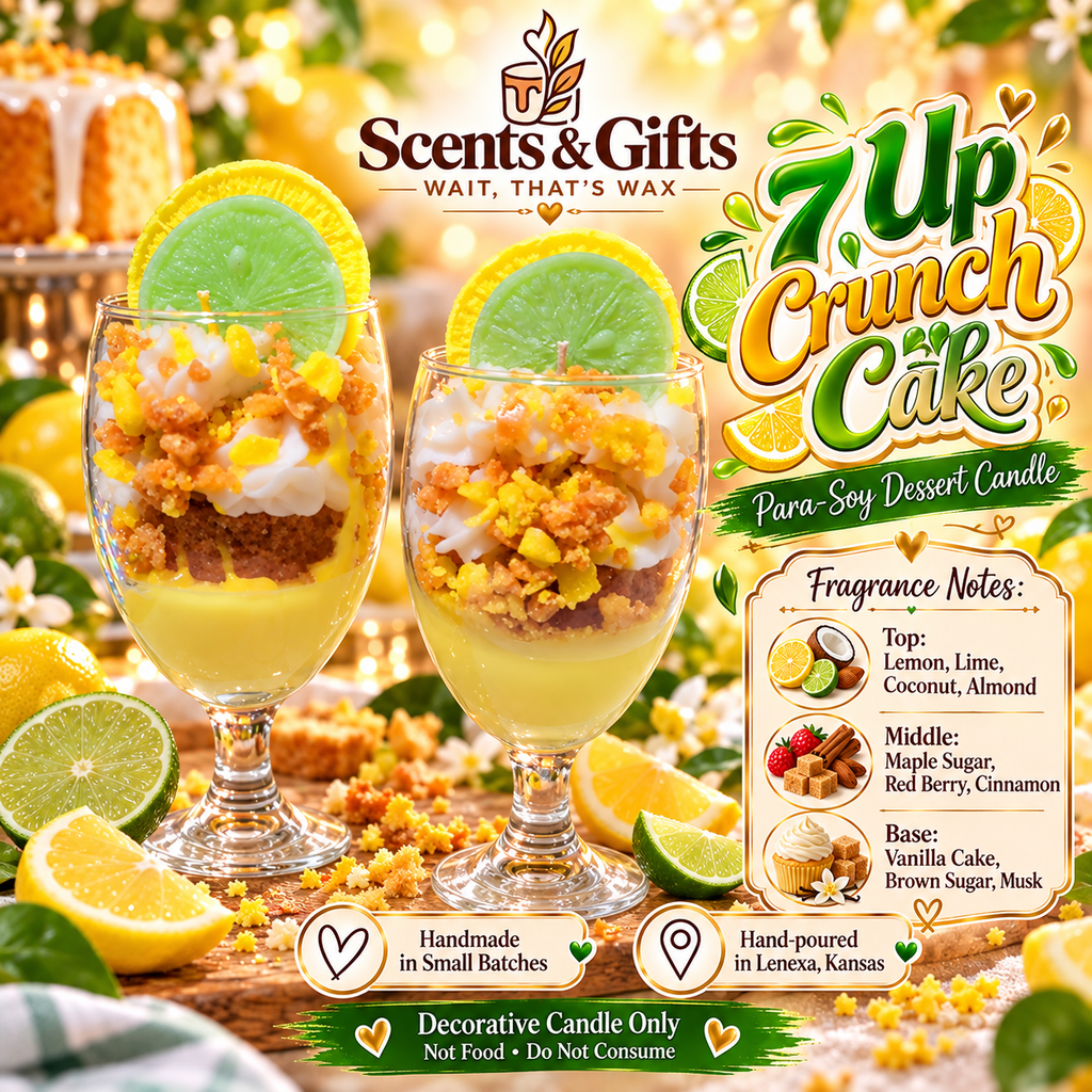 Scents & Gifts 7 Up Crunch Cake fragrance notes branded image, lemon lime coconut almond, maple sugar red berry cinnamon, vanilla cake brown sugar musk; decorative wax dessert not edible; handmade in Lenexa