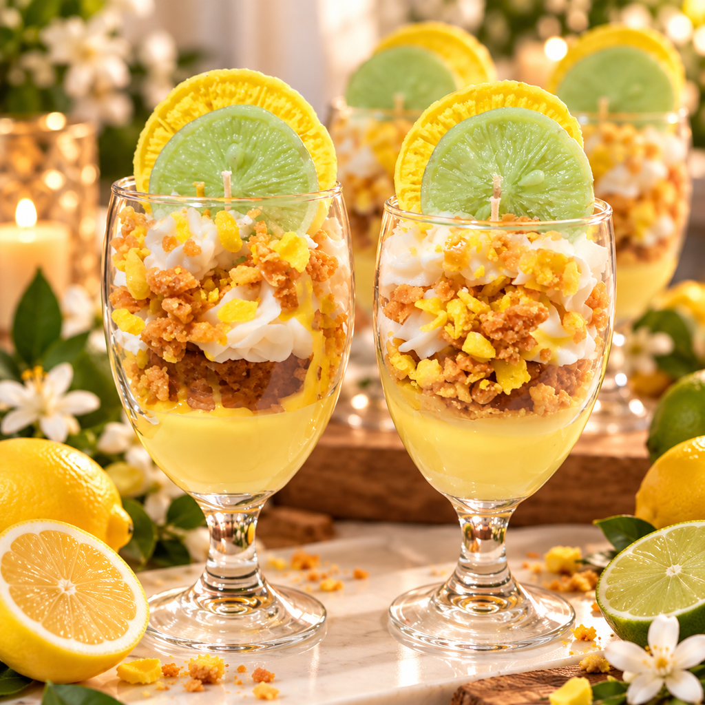 7 Up Crunch Cake dessert goblet candles with lemon lime wax toppers, fluffy whipped wax and yellow crunchy-looking cake crumbs — Scents & Gifts hero image
