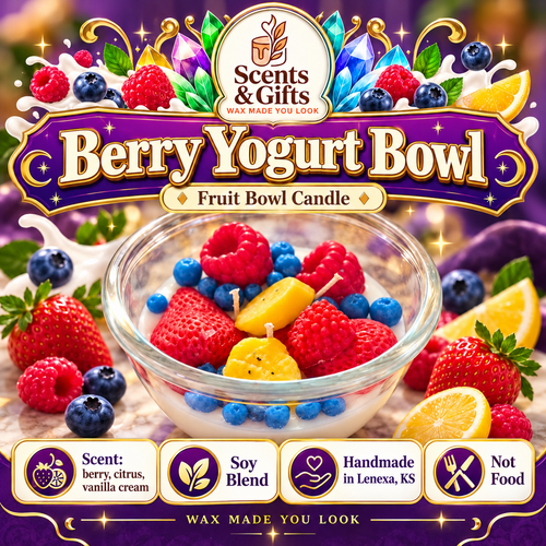Scents & Gifts Berry Yogurt Bowl Candle — branded Soy Blend product graphic; not food