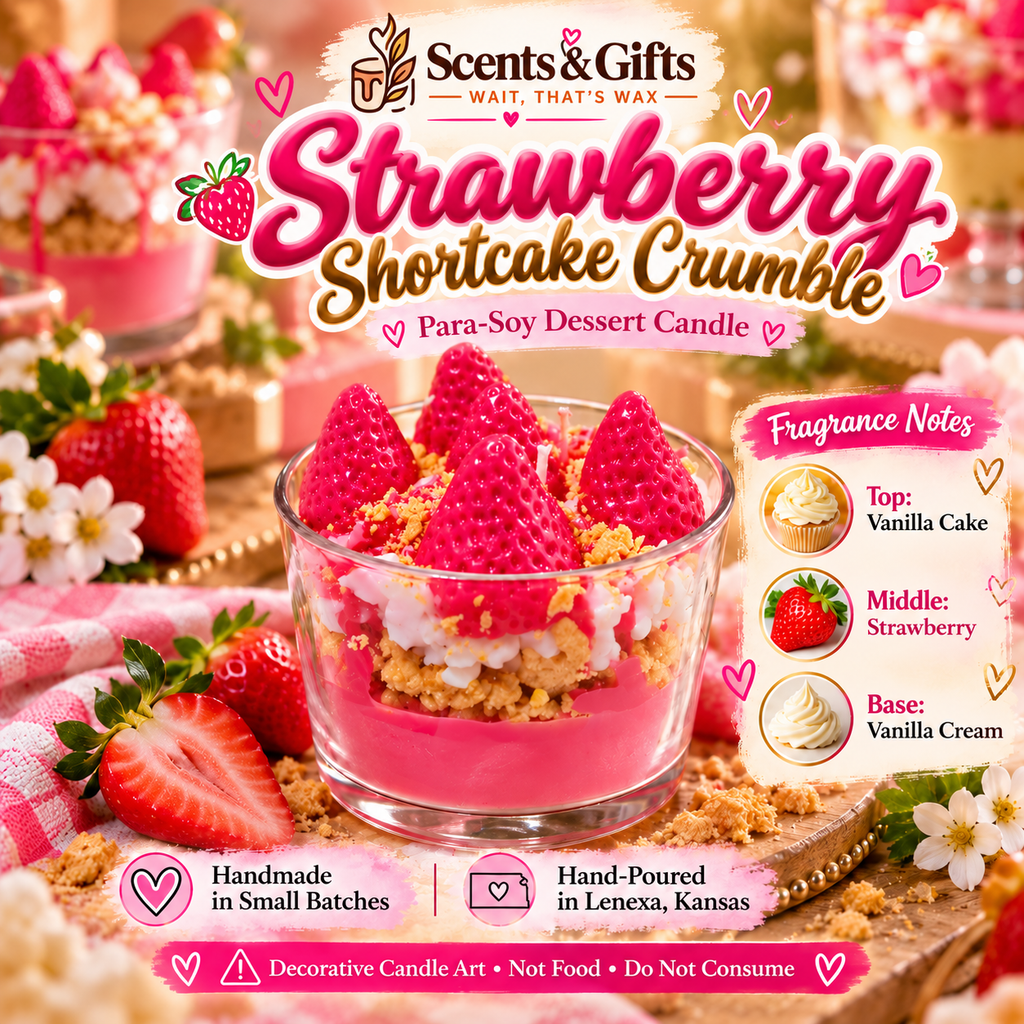 Scents & Gifts strawberry shortcake clear vessel branded fragrance notes, handmade in Lenexa, decorative non-food candle
