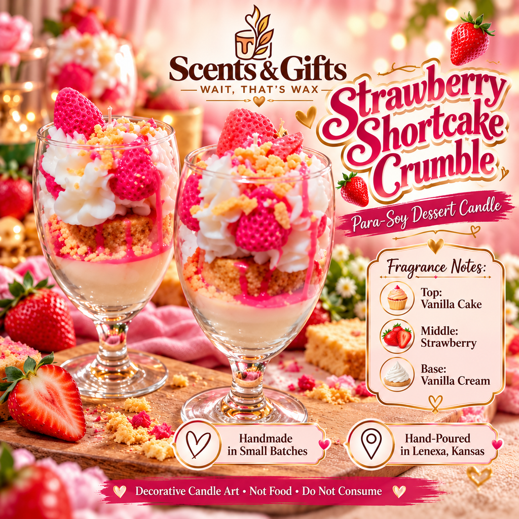 Scents & Gifts Strawberry Shortcake Crumble goblet branded fragrance notes: vanilla cake, strawberry, vanilla cream; handmade Lenexa, not for consumption