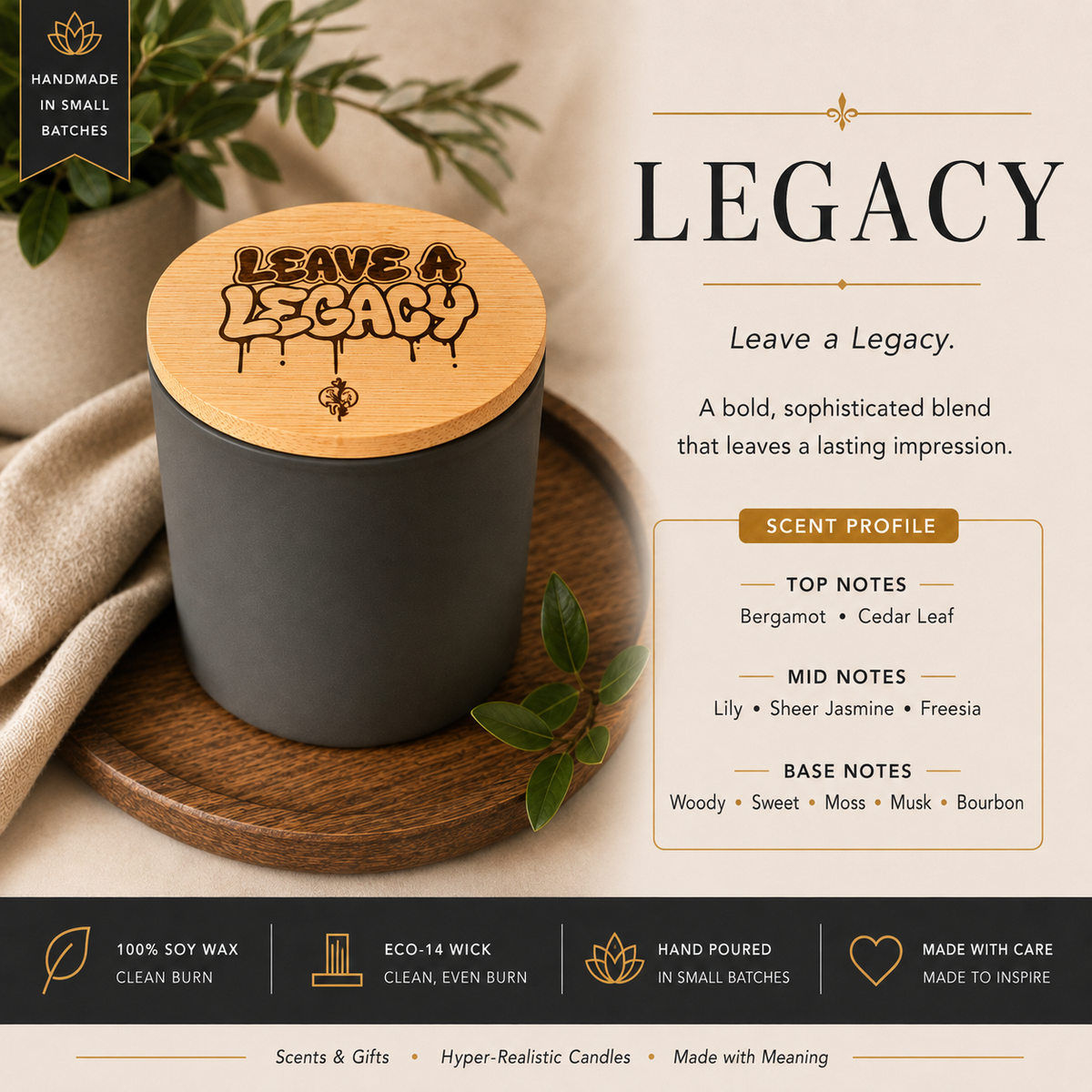 Legacy Simply Soy candle with engraved Leave a Legacy lid and scent profile