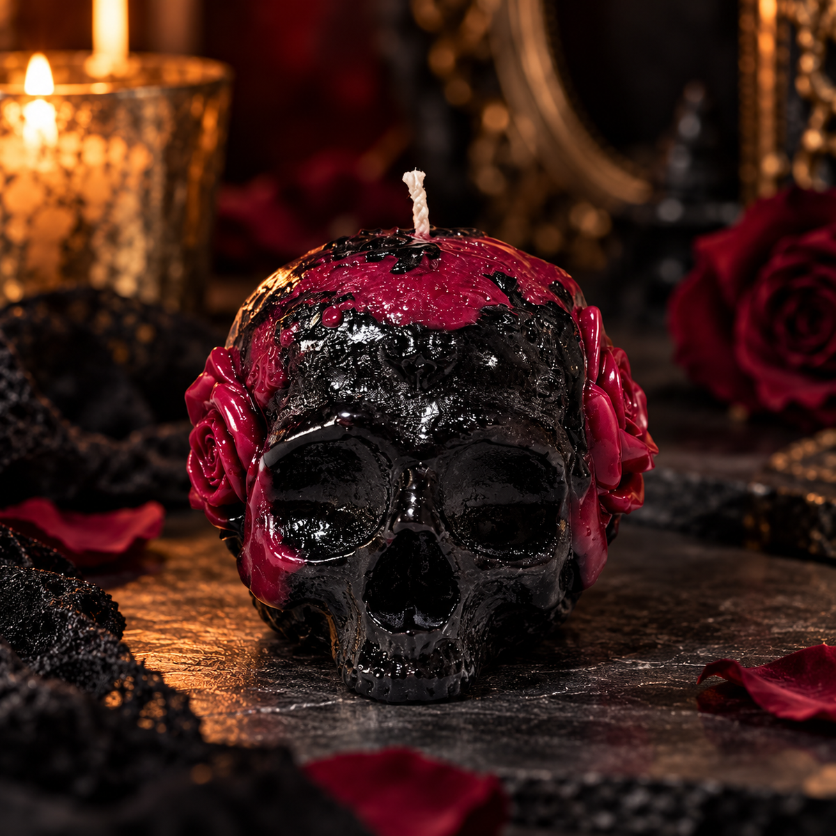 Scents & Gifts Skull Rose Pillar Candle in black and crimson, fragranced with Crypts