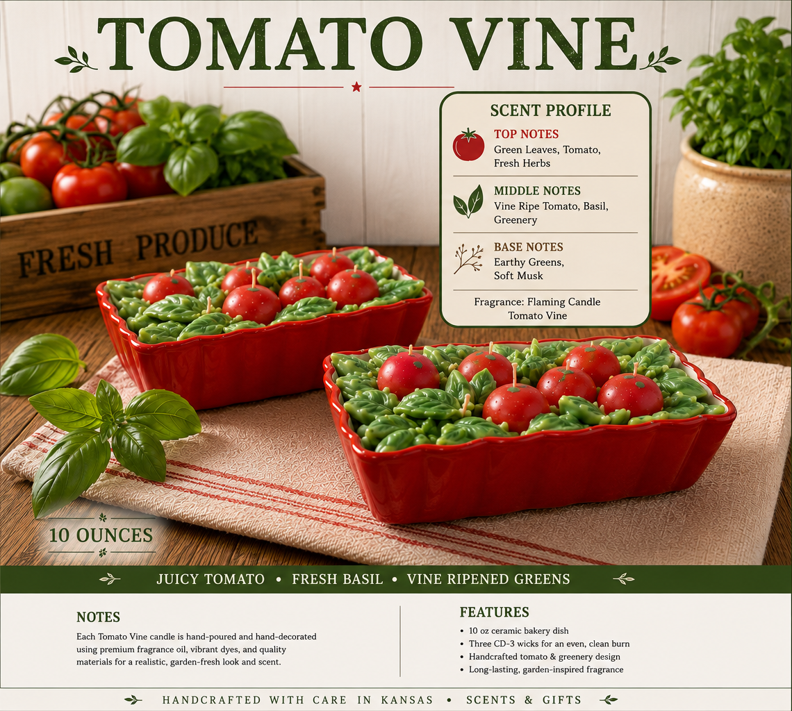 Tomato Vine ceramic bakery dish candle with tomato and basil-inspired design
