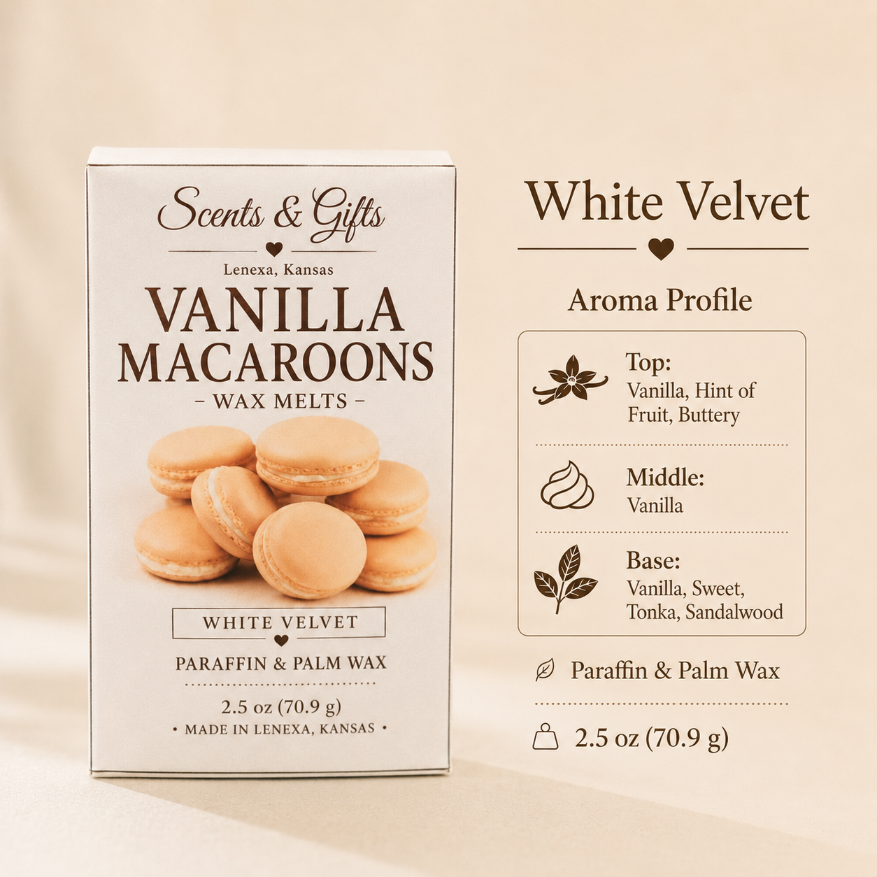 White Velvet aroma profile for Vanilla Macaroons wax melts