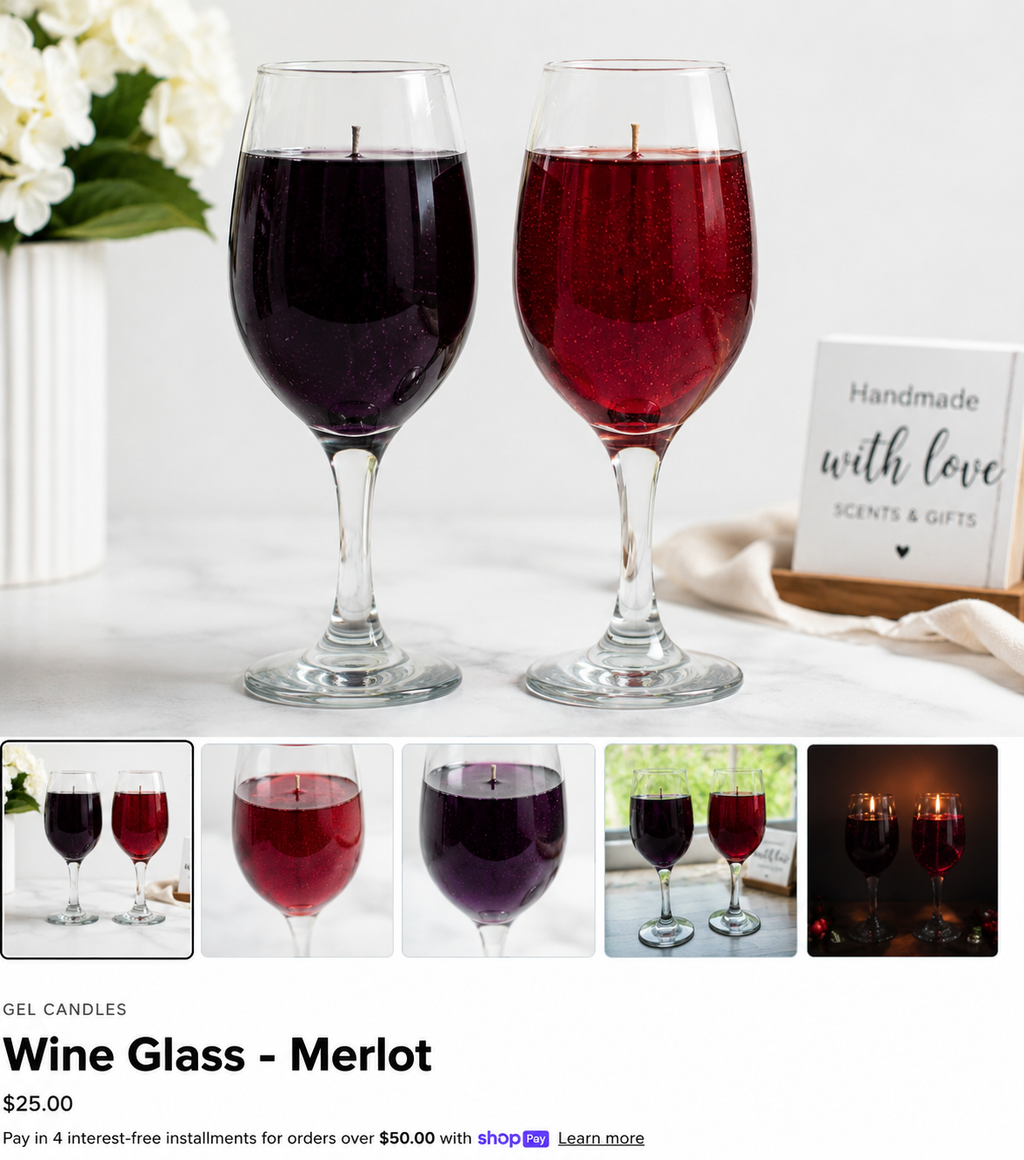 Two 8 oz Wine Glass gel candles by Scents & Gifts, one deep purple and one ruby red