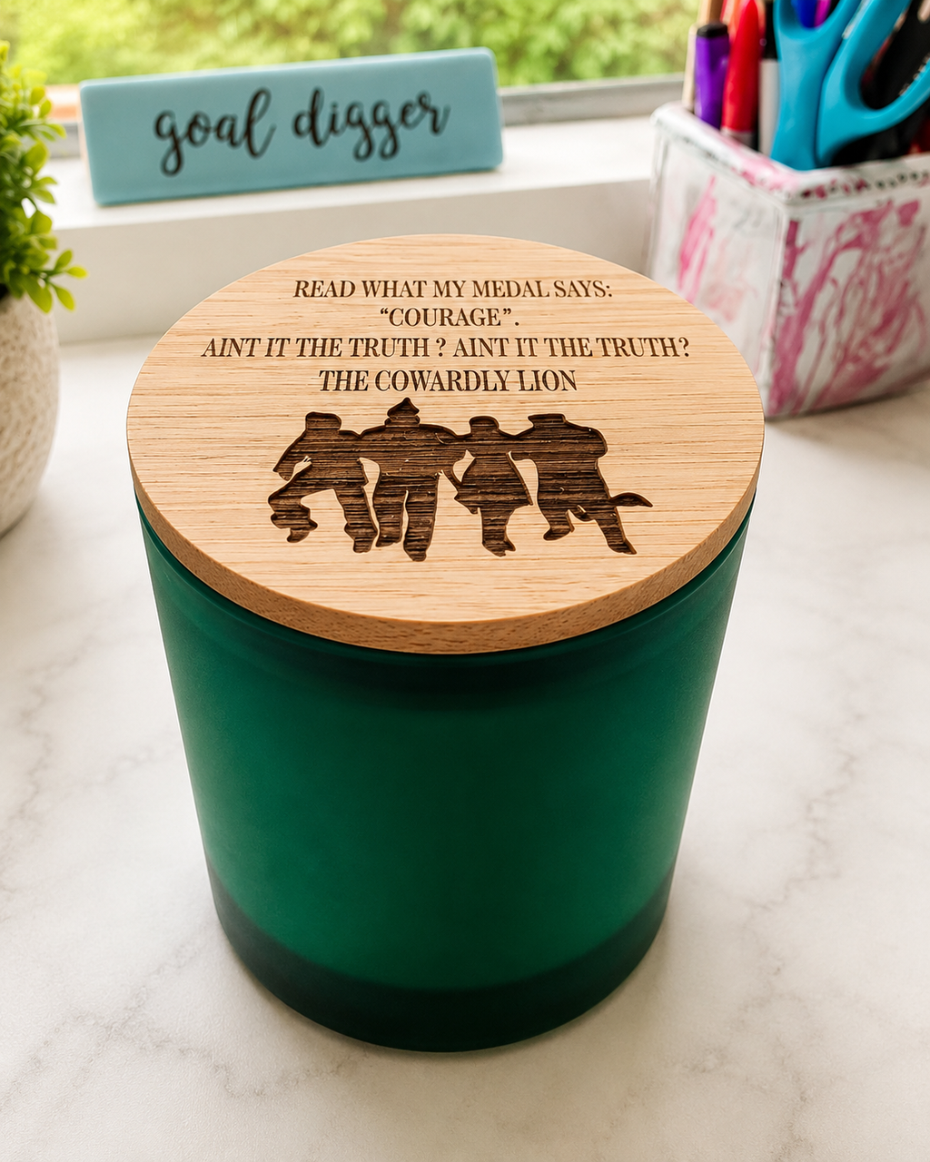 Cowardly Lion engraved-lid green soy candle by Scents & Gifts