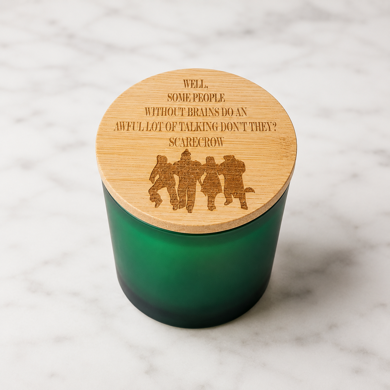 Scarecrow engraved-lid green soy candle by Scents & Gifts