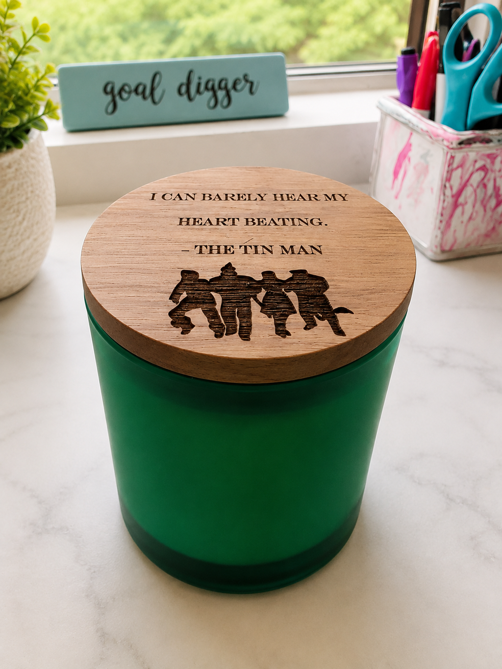 Tin Man engraved-lid green soy candle by Scents & Gifts