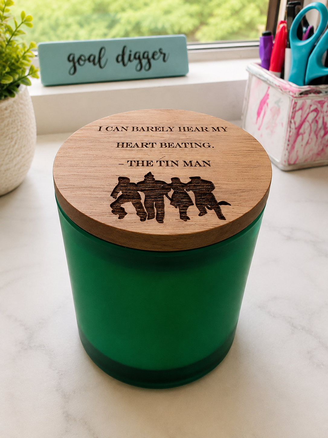 Tin Man engraved-lid green soy candle by Scents & Gifts
