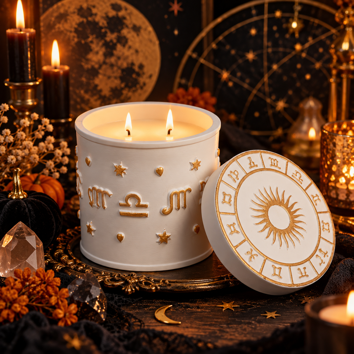 Scents & Gifts white and gold Zodiac Candle in a Halloween celestial setting