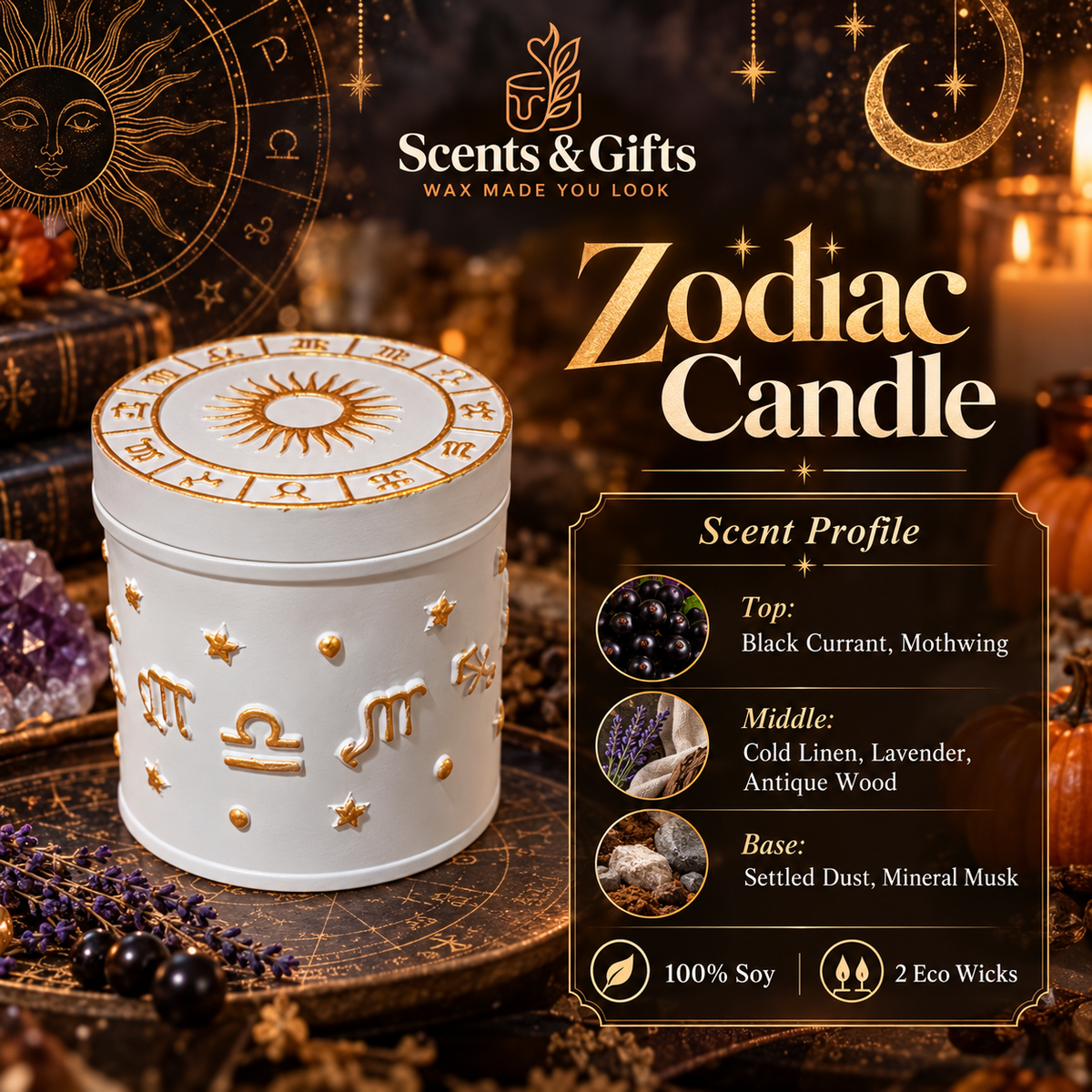 Zodiac Candle scent profile with 100% soy and two Eco wicks